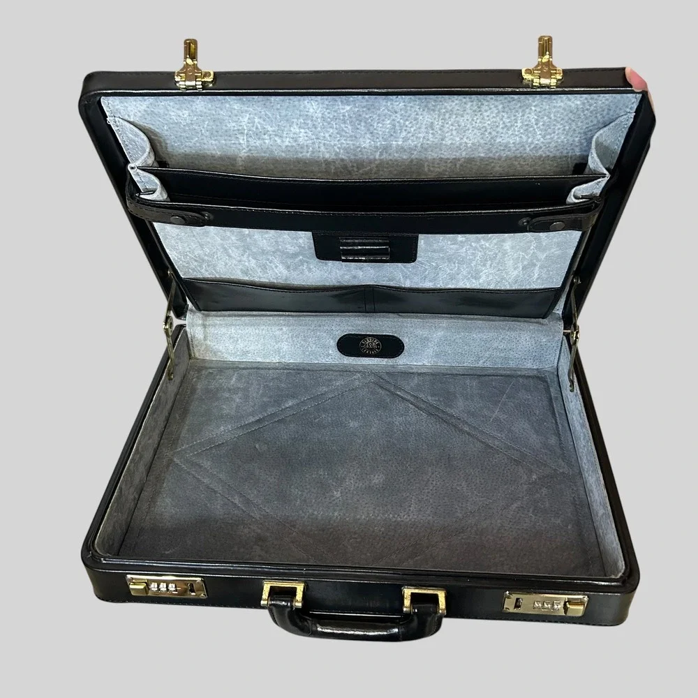 Vintage Dark Academia Leather Briefcase Attache Case Top Grain Leather Black